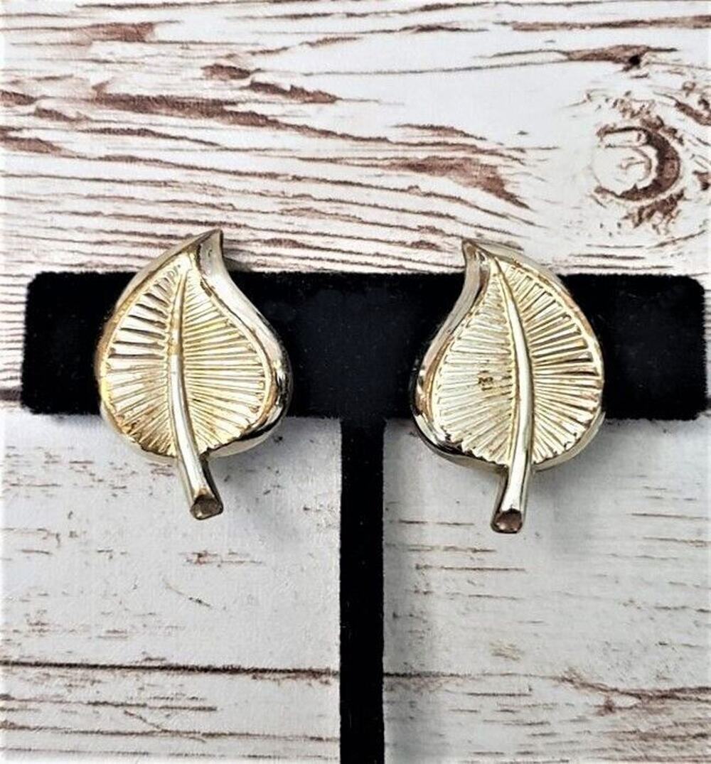 Vintage Clip On Earrings - Gold Tone Leaf - Some Gold Tone Damage